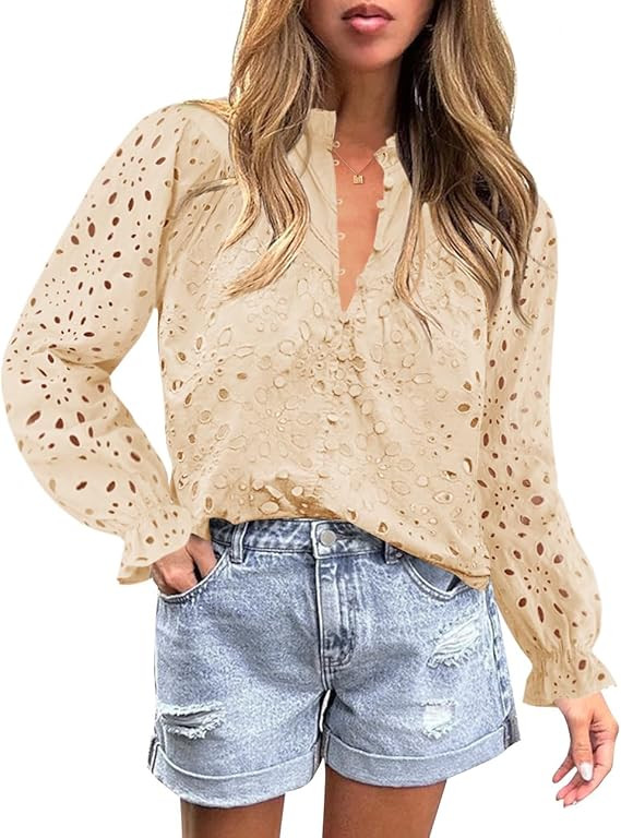 ZESICA Women's Casual Blouse Tops Puff Long Sleeve Button V Neck Hollow Out Eyelet Lace Embroider... | Amazon (US)