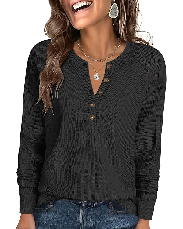 ANRABESS Women's Long Sleeve Waffle Knit Shirts Dressy Casual Loose Button Up V Neck Henley Tops ... | Amazon (US)