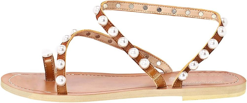 ANUFER Women's Bohemia Pearls Toe Ring Sandals/Slippers Summer Flat Flip Flops Beach Shoes | Amazon (US)