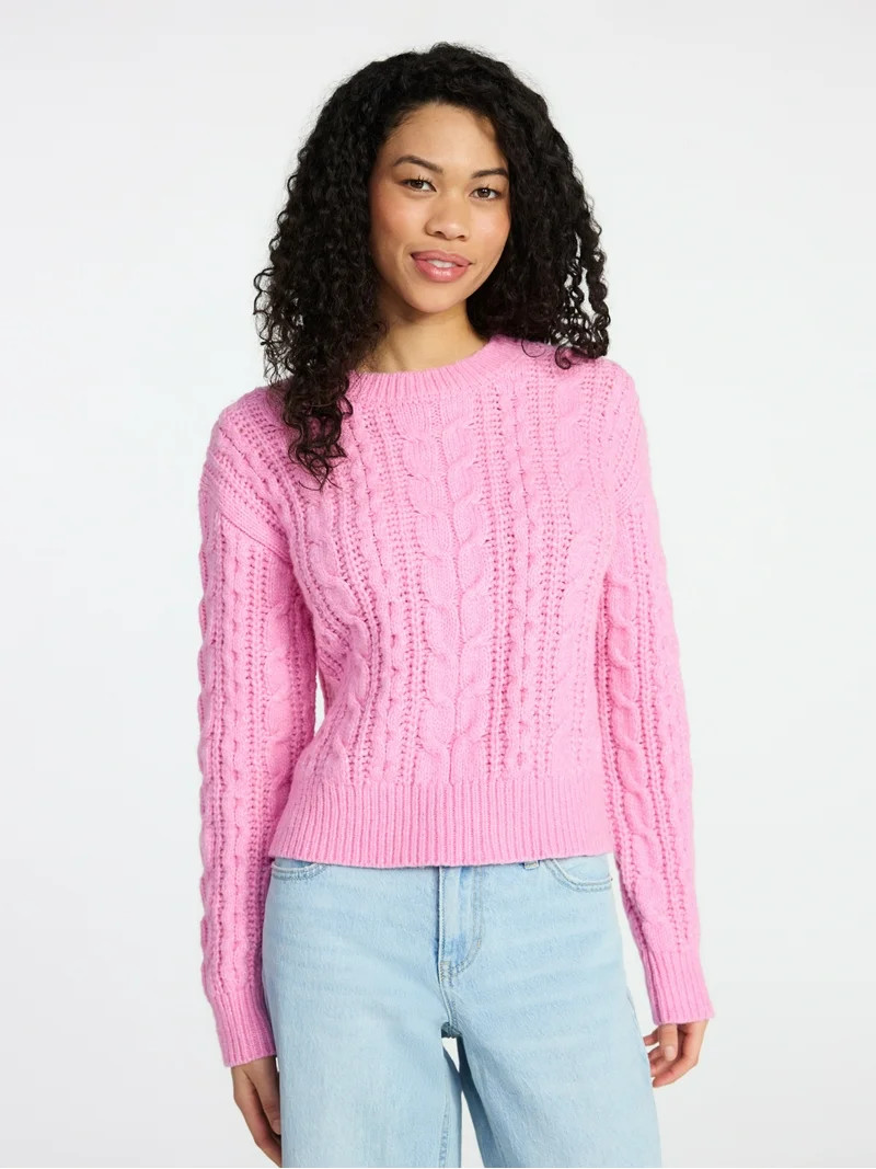 No Boundaries Cable Crewneck Drop Shoulder Sweater, Midweight, Women's XXS-XXL | Walmart (US)