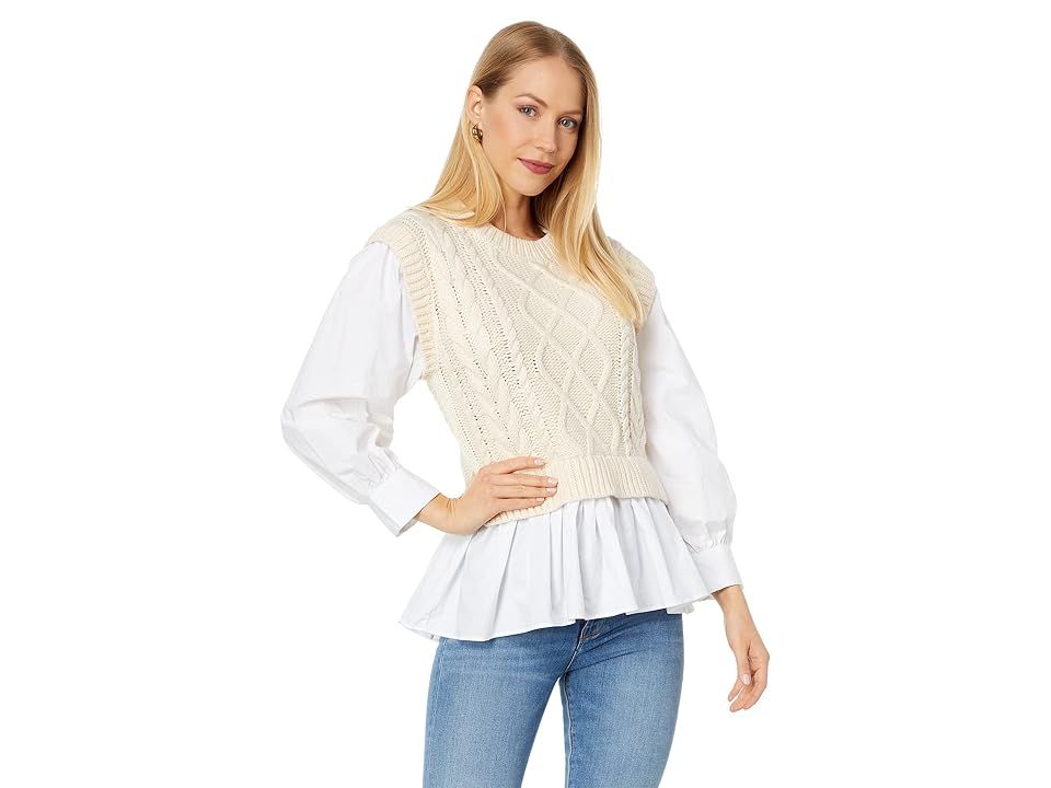 English Factory Mixed Media Cable Detail Sweater (Cream/White) Women's Sweater | Zappos