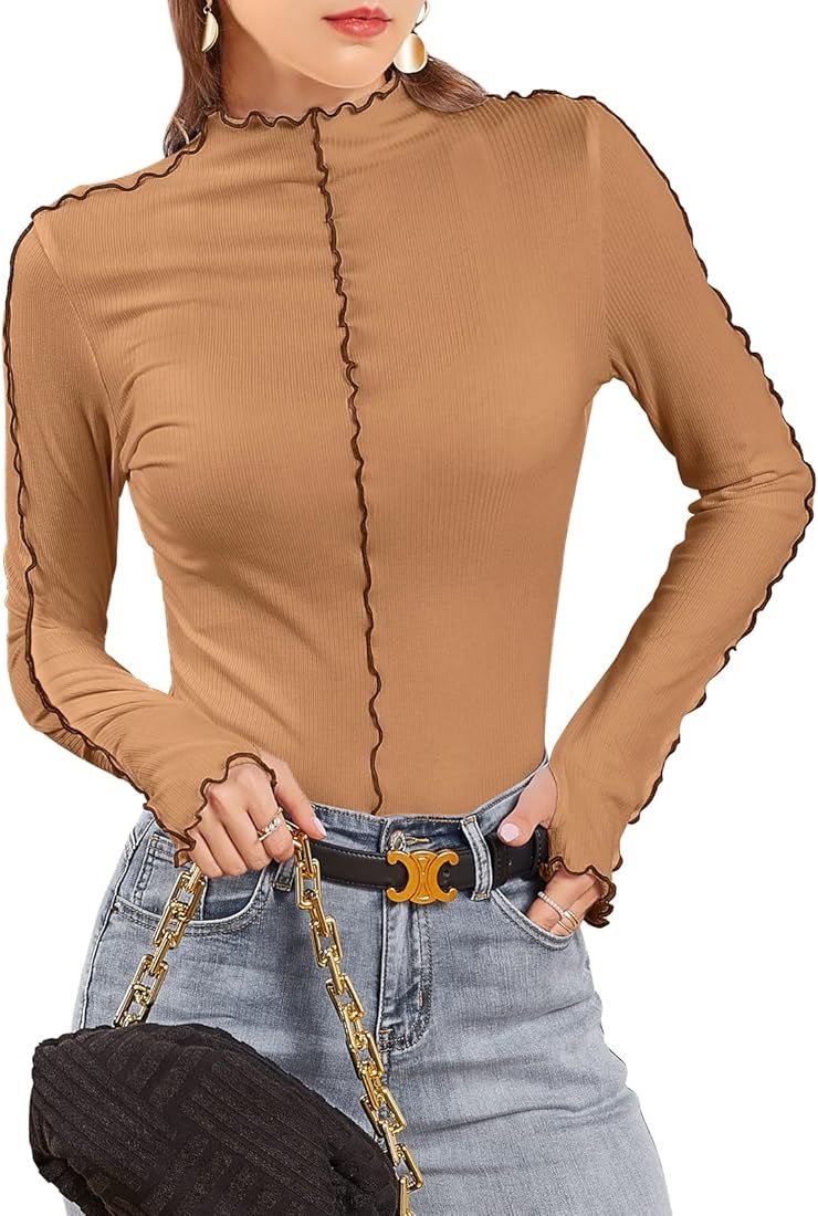 V FOR CITY Womens Long Sleeve Tops with Thumb Holes Lettuce Trim Mock Neck Ribbed Knit Slim Fit Cont | Amazon (US)
