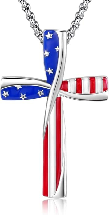 Patriotic Cross Pendant Necklace, Red White Blue Stars and Stripes, American Flag | Amazon (US)