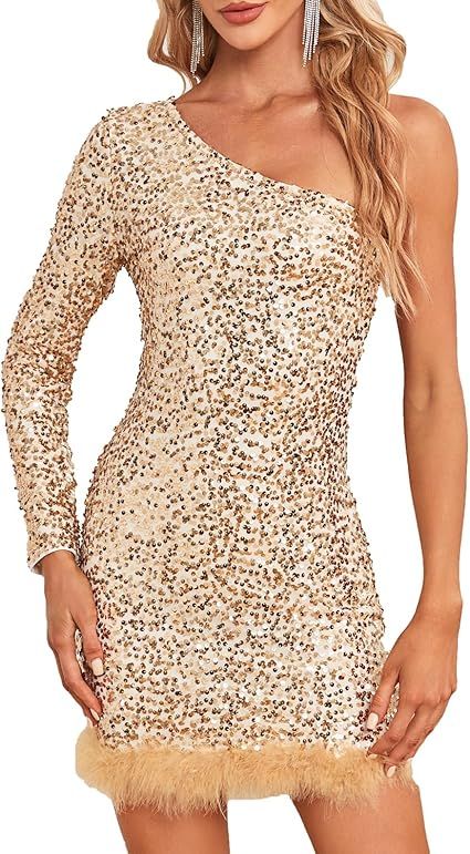 NOYIVA Women Sequin One-Shoulder Long Sleeve Bodycon Dress Fur-Trimmed Sparkly Evening Party Cock... | Amazon (US)