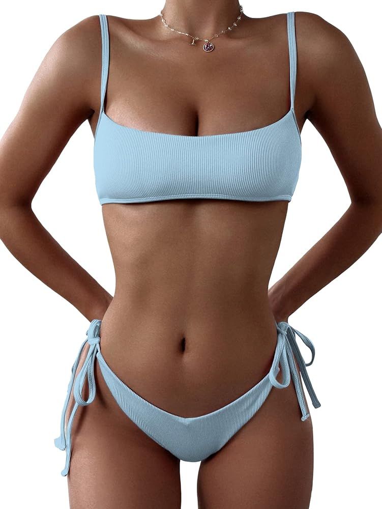 MakeMeChic Women's 2 Piece Bathing Suits Ribbed Tie Side Thong Bikini Set Swimsuit | Amazon (US)