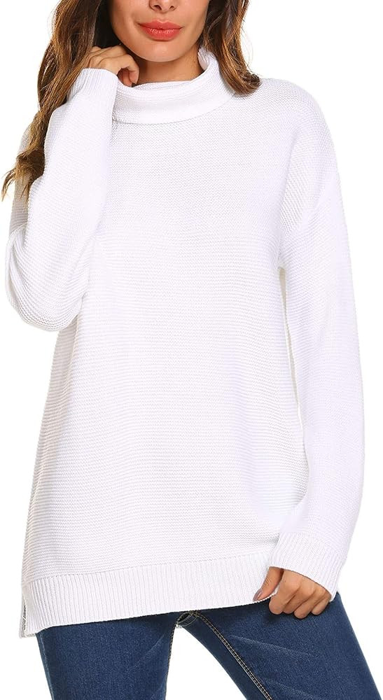 SoTeer Womens Turtleneck Pullover Sweaters Long Sleeve Loose Side Slit Knitted Jumpers Tops | Amazon (US)