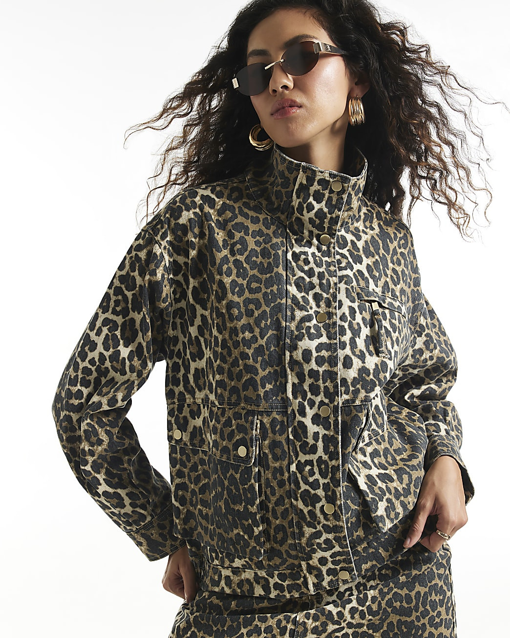 Brown Leopard Denim Funnel Neck Jacket | River Island UK & IE