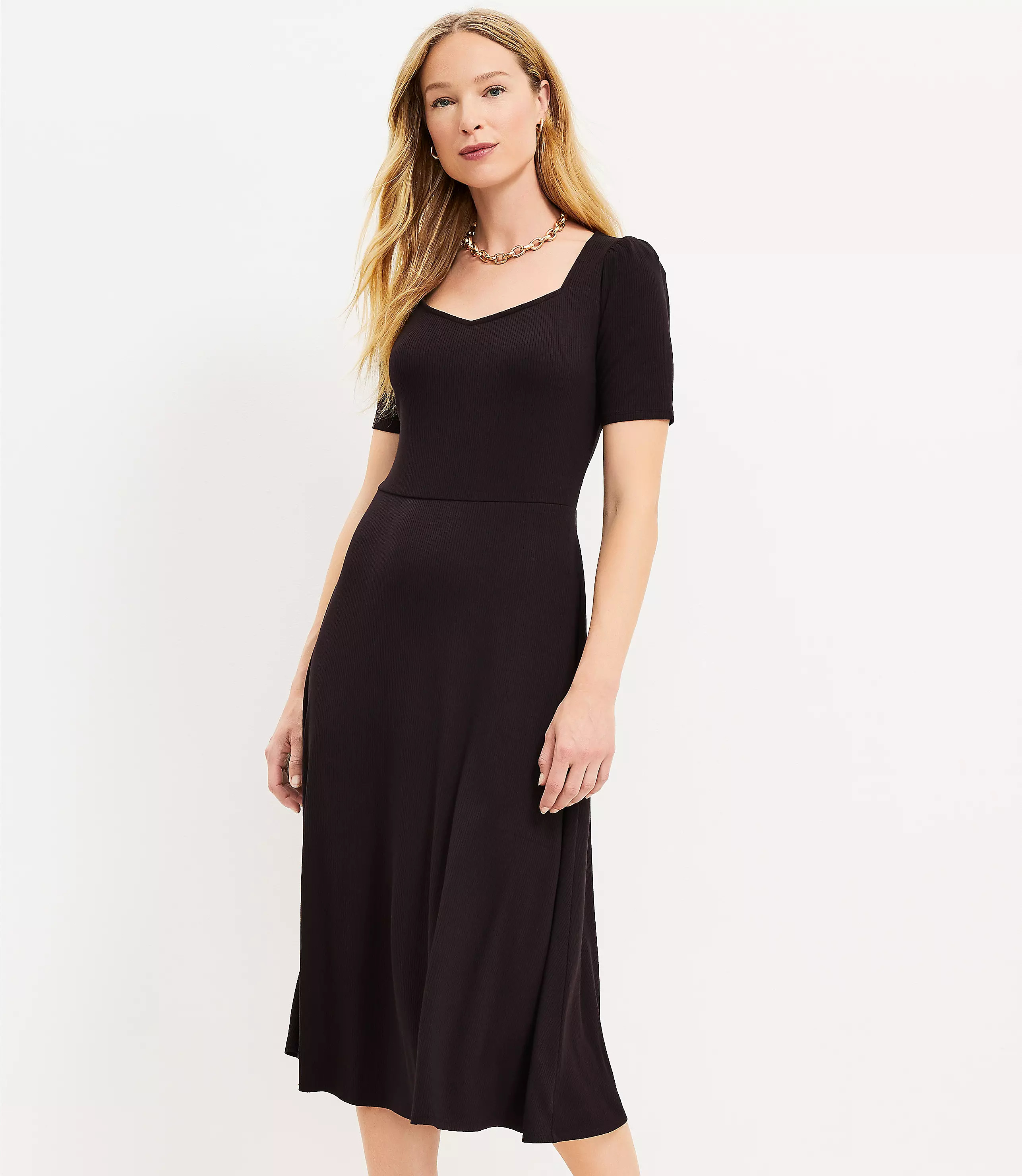 Petite Squared V-Neck Flare Midi Dress | LOFT