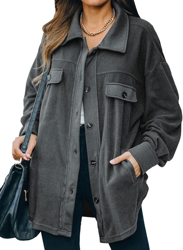 Amazon.com: Astylish Women's Long Sleeve Winter Coat Solid Color Button Down Shirt Jacket with Po... | Amazon (US)