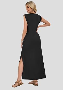 AUSELILY Women's V Neck Maxi Dresses, Straight-Cut Wrinkle-Free, Loose Split Sleeveless Vacation ... | Amazon (US)