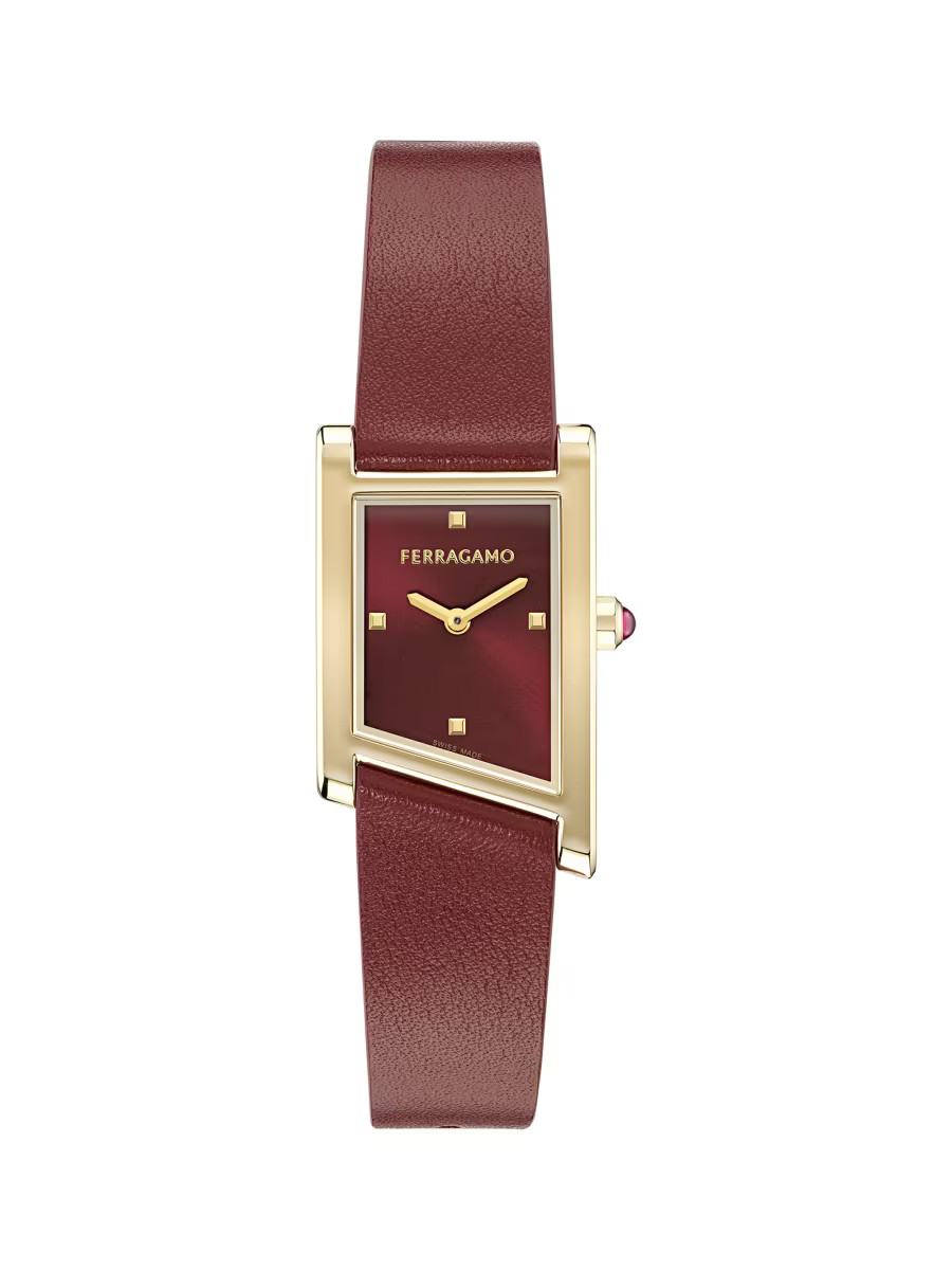 FERRAGAMO Ferragamo Asymetrique IP Gold &amp; Leather Strap Rectangular Watch/22MM x 36MM | Saks ... | Saks Fifth Avenue