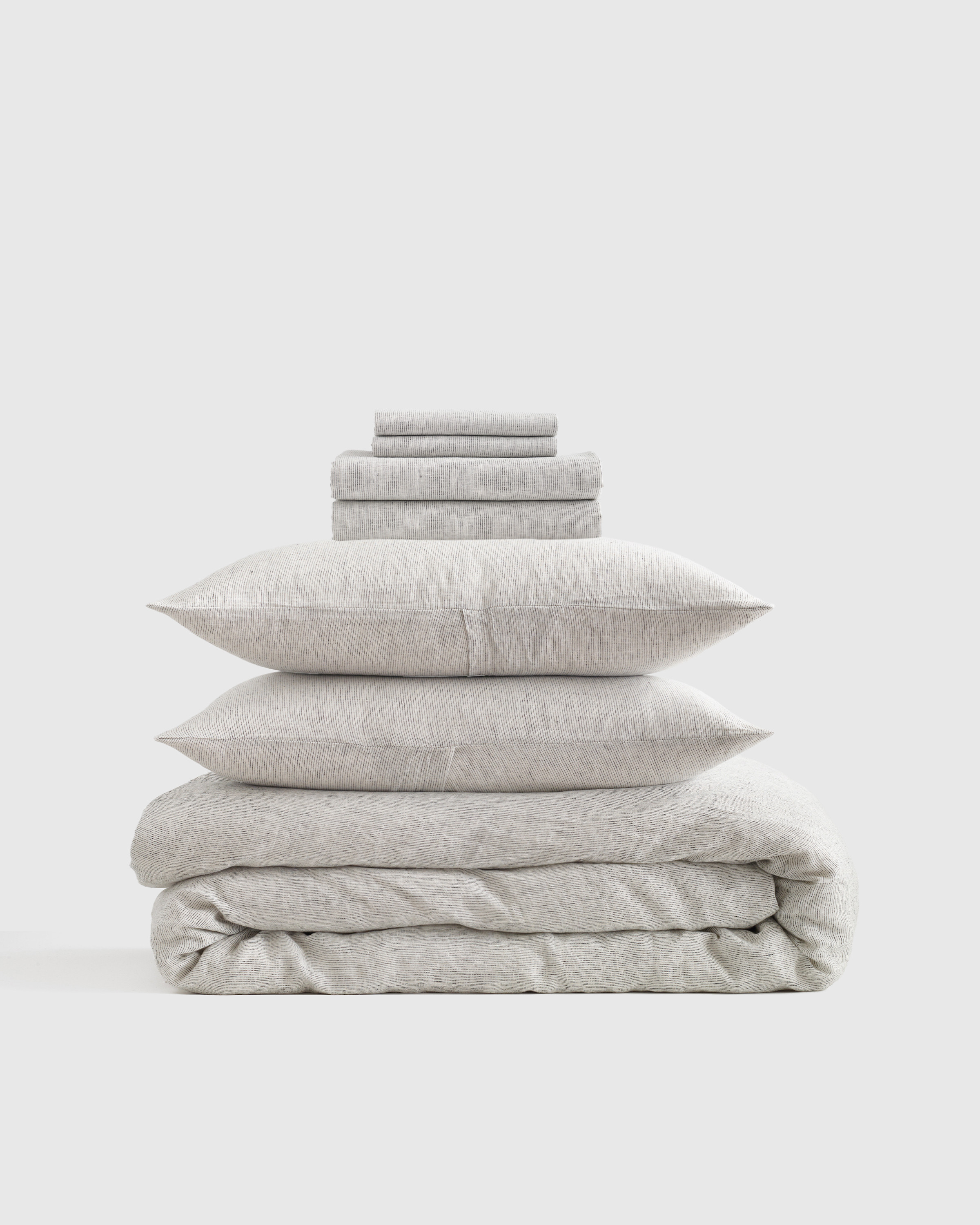 Quince | European Linen Duvet Deluxe Bundle in Grey/White Mini Pinstripe, Size Queen | Quince