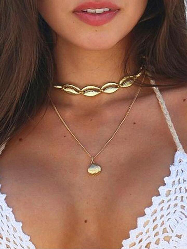 1pc Fashion Zinc Alloy Metal Shell & Sector Decor Layered Necklace For Women For Gift | SHEIN