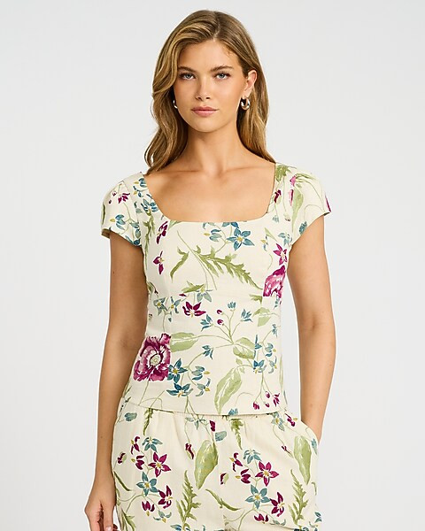 Linen-Blend Floral Square Neck Cap Sleeve Top | Express