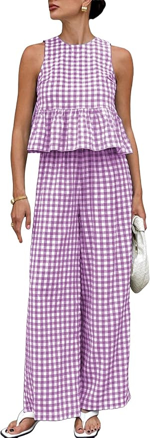 Womens 2 Piece Outfits Sets Gingham Plaid Sleeveless Ruffle Tank Tops and Wide Leg Pants Summer M... | Amazon (US)