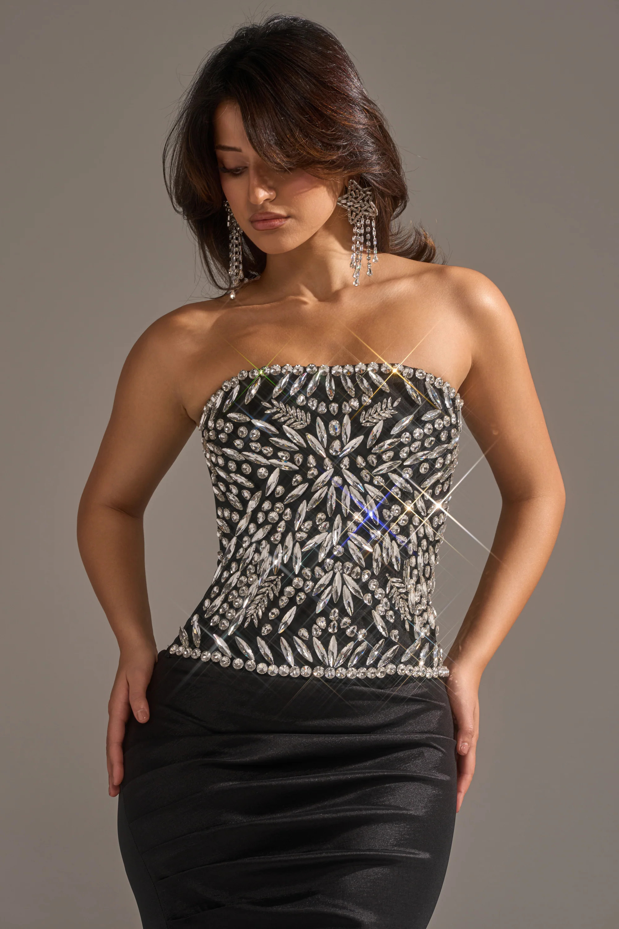 AKIRA Queen Of The Night Rhinestone Corset Top | Black | Size Large | AKIRA