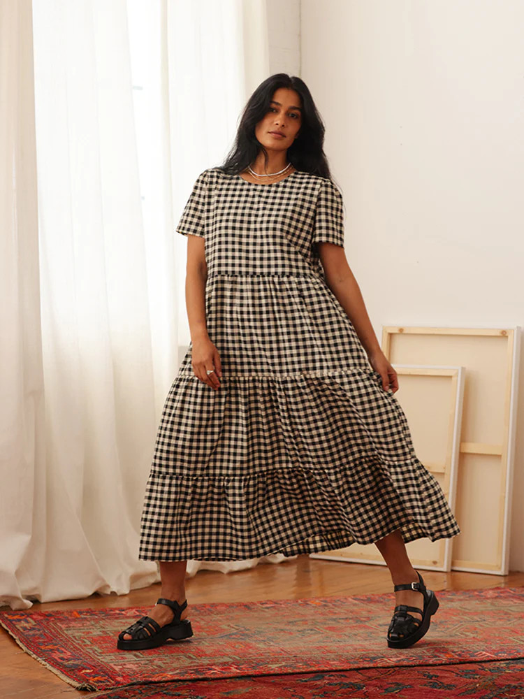 Chalet Tiered Dress Linen Black Gingham | Tradlands