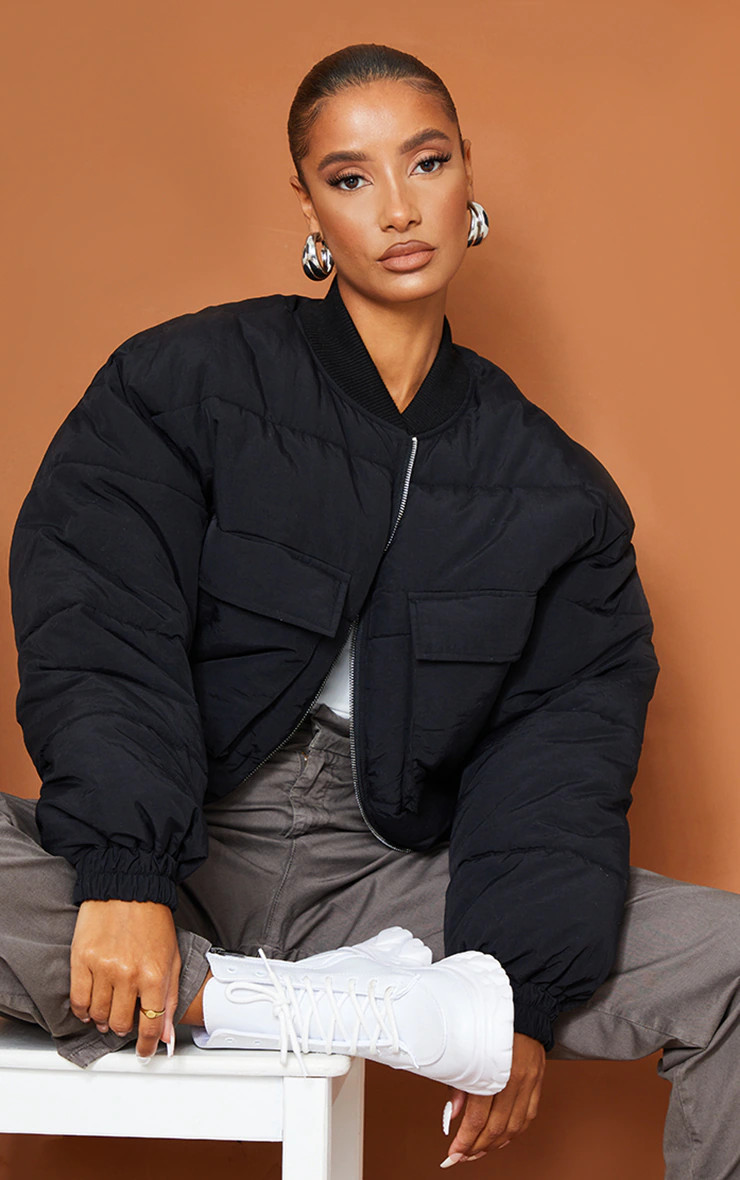 Black Nylon Pocket Front Panel Sleeve Oversized Bomber Jacket | PrettyLittleThing UK