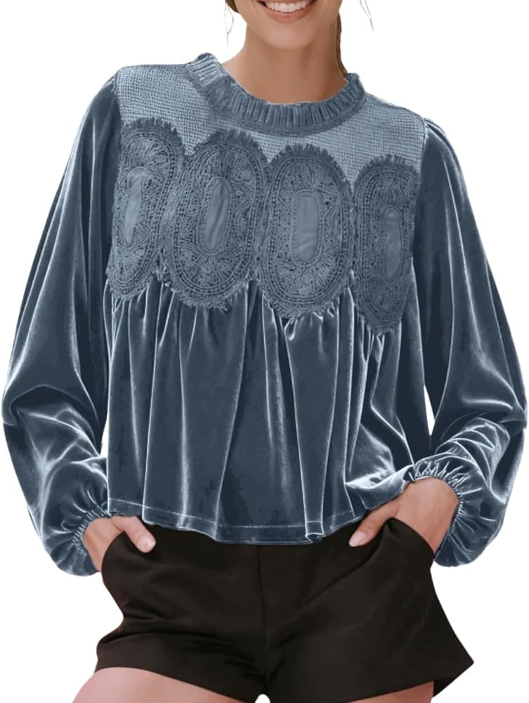 Gozoloma Women's Long Sleeve Velvet Trim Lace Blouse Elegant Flared Swing Top Round Neck Blouse C... | Amazon (US)