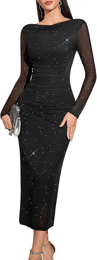 HomRain Women's Sequin Mesh Maxi Dress Long Sleeve Bodycon Dresses for Fall Party Holiday Club Ou... | Amazon (US)