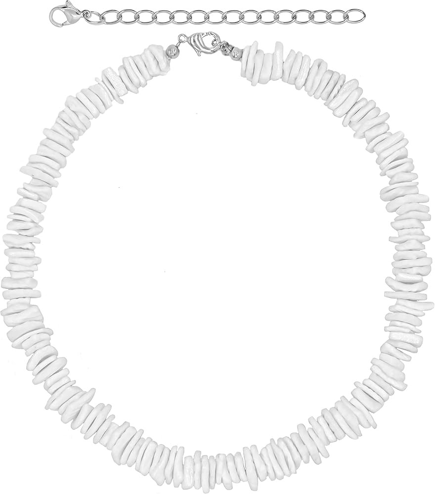 White Puka Shell Necklace, Hawaiian Style Clam Chip Surfer Necklace for Men and Women, Trendy Summer | Amazon (US)