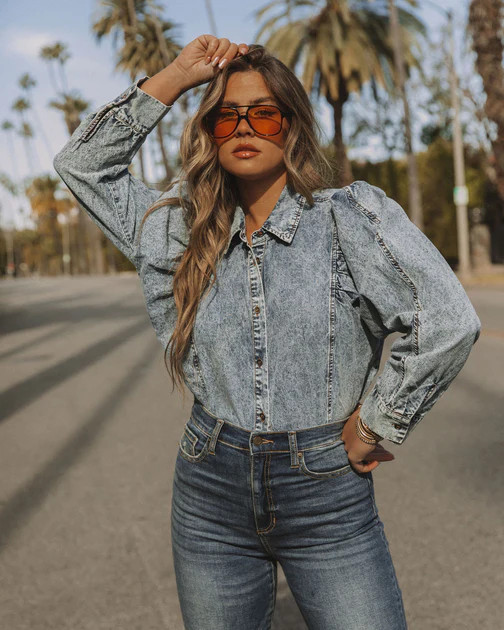 Express Yourself Cotton Mineral Wash Button Down Top - Blue Wash  - FINAL SALE | VICI
