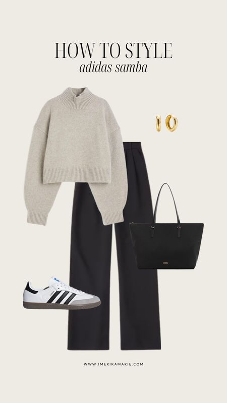 how to style adidas samba. fall outfit. fall shoes. abercrombie and fitch trousers. pants. work wear. work outfit. h&m sweater. tote bag. work bag.

#LTKstyletip #LTKshoecrush #LTKSeasonal