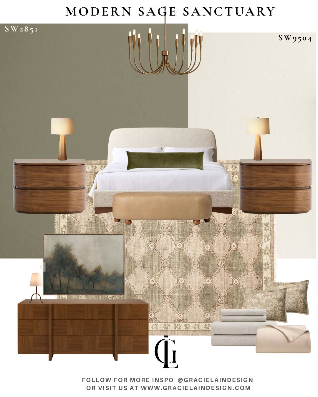 A sage green sanctuary 🤍
Warm brass accents, rich walnut woods, and modern silhouettes softened by a plush wool rug and elevated lighting. Layered with beautiful linens to create a space that feels calm, cozy, and quietly luxurious.
Modern, but warm. Elevated, but inviting. This is how we do sanctuary living.

Shop the look + explore the full design story at gracielaindesign.com
#SageGreenHome #ModernOrganic #ElevatedInteriors #CozyModern #WarmMinimalism #LTKHome #InteriorInspo #SanctuarySpace #ThoughtfulDesign #GracieLainDesign #ModernLuxury #HomeDetails 

 #LTKSeasonal #LTKHome #LTKSaleAlert