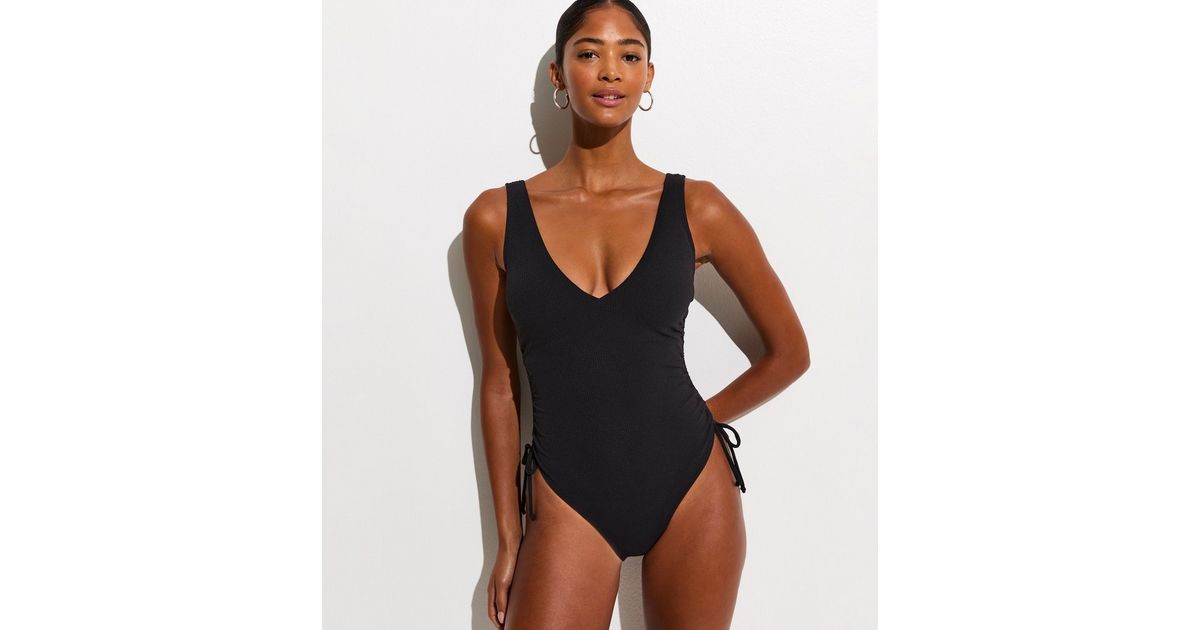 Black Crinkled Ruched Side Swimsuit | New Look | New Look (UK)