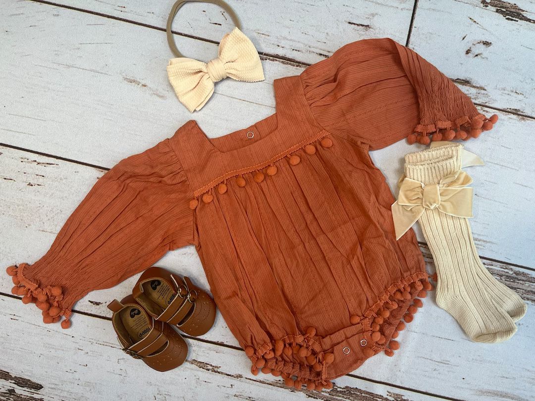 Rustic pumpkin spice baby girl fall outfit | Boho romper for autumn | Fall clothes for baby girl | Etsy (US)