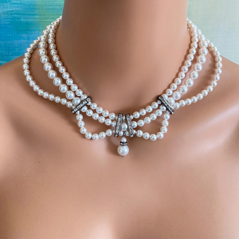 Victorian Pearl Necklace Earrings Set Vintage Georgian style 3 strands pearls rhinestones in anti... | Etsy (US)