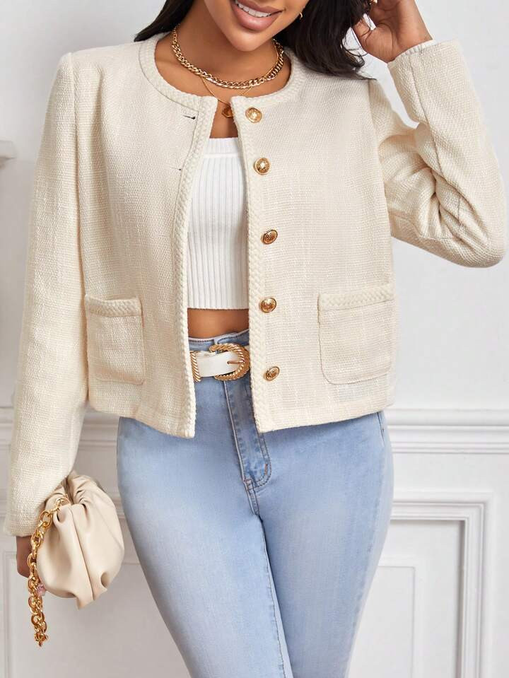 SHEIN Privé Dual Pocket Button Front Tweed Overcoat | SHEIN