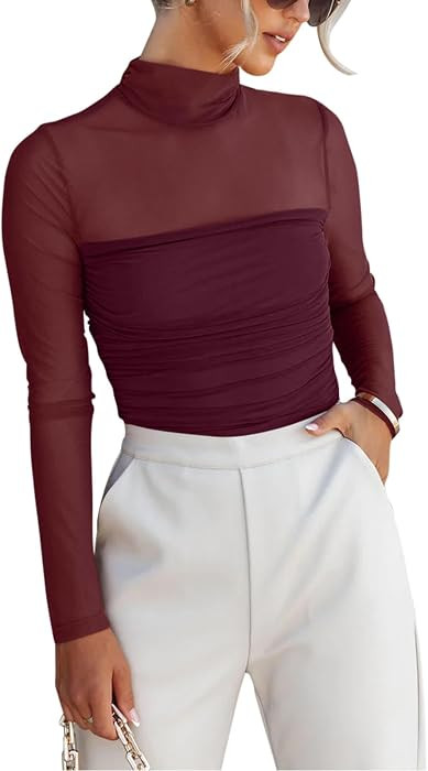 REORIA Women\u2019s Fall Mock Turtle Neck Mesh Ruched Going Out Bodysuits | Amazon (US)