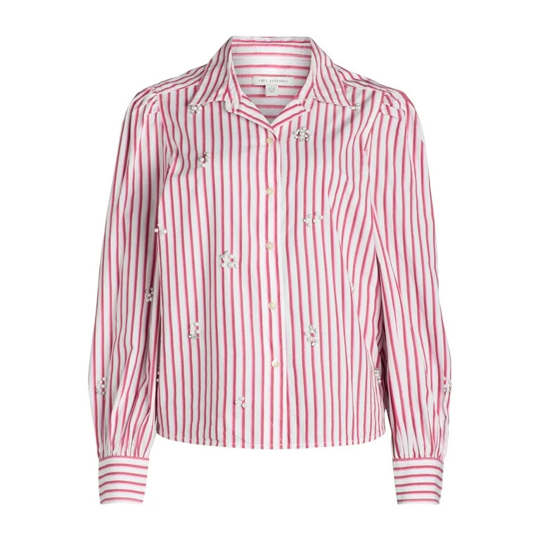 Free Assembly Women's and Women’s Plus Cotton Embellished Button Front Shirt, Sizes XS-4X | Walmart (US)