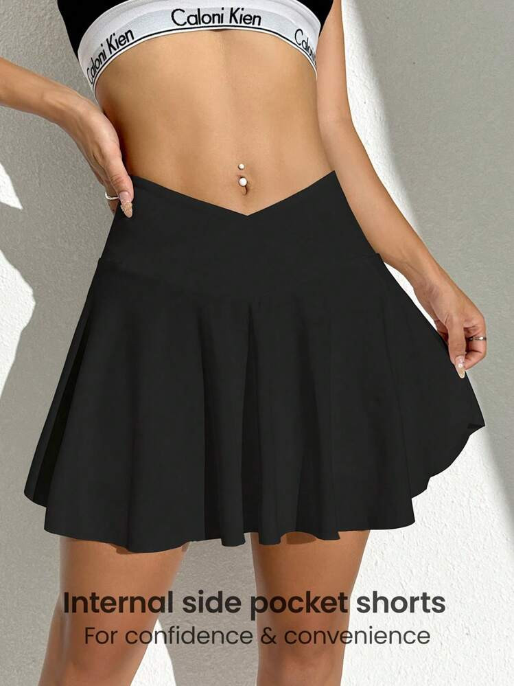 Solid Color Crossed Waistband Summer Skort With Pocketstennis Skirt Athletic Skirt
 | SHEIN