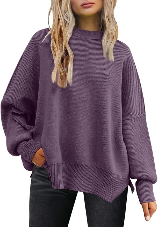LILLUSORY Women's Oversized Batwing Sweaters 2024 Fall Outfits Crewneck Ribbed Knit Side Slit Tre... | Amazon (US)