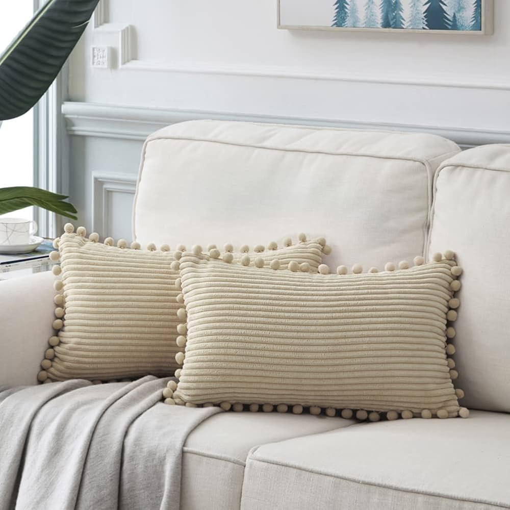 Fancy Homi Pack of 2 Tan Lumbar Decorative Throw Pillow Covers with Pom-poms, Soft Corduroy Solid... | Amazon (US)