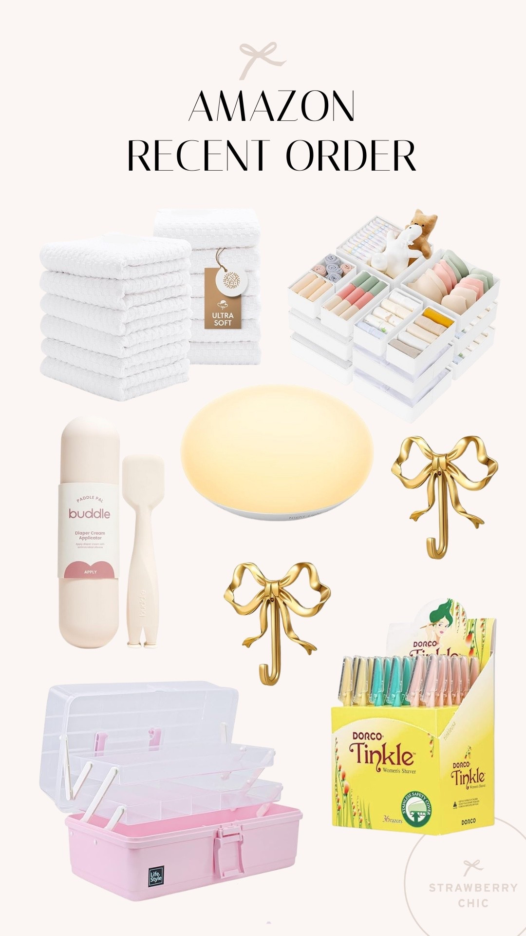 Amazon baby + home organization finds I’m loving lately. The drawer dividers are perfect for baby clothes, and the mini gold bow hooks add a charming touch to nursery walls or bathroom backs of doors. Also grabbed more Tinkle razors (a must for dermaplaning), a pink storage case for organizing beauty tools, and the viral touch-activated nightlight for middle-of-the-night feedings.

#LTKBaby #LTKHome #LTKFindsUnder50
