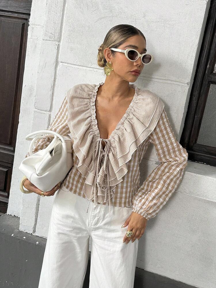 Pariaura French Vintage Seersucker Plaid Print Women's Blouse, Brown Shirt, Khaki Shirt, Brown To... | SHEIN