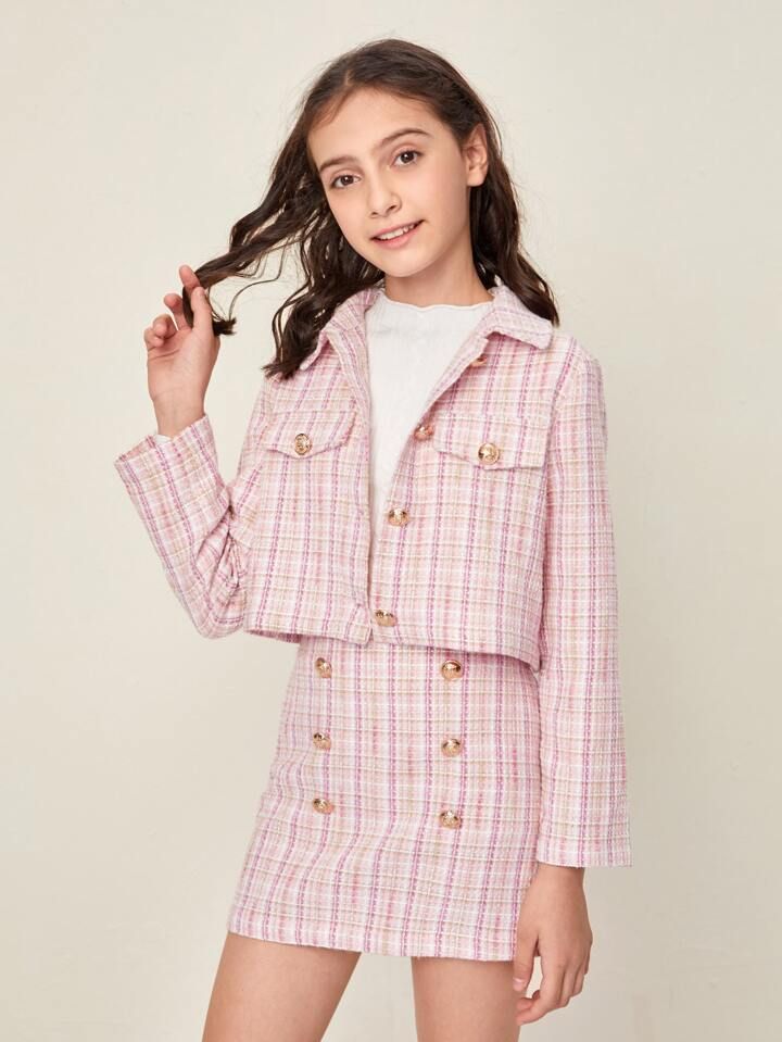SHEIN Kids FANZEY Girls Gold Button Detail Tweed Jacket & Skirt Set | SHEIN