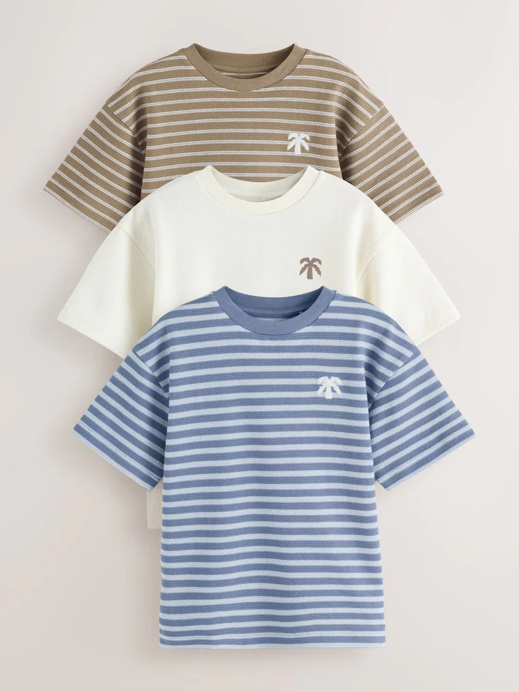 Blue/White/Brown Stripe Textured Relaxed Fit T-Shirts 3 Pack (3-16yrs) | Next US