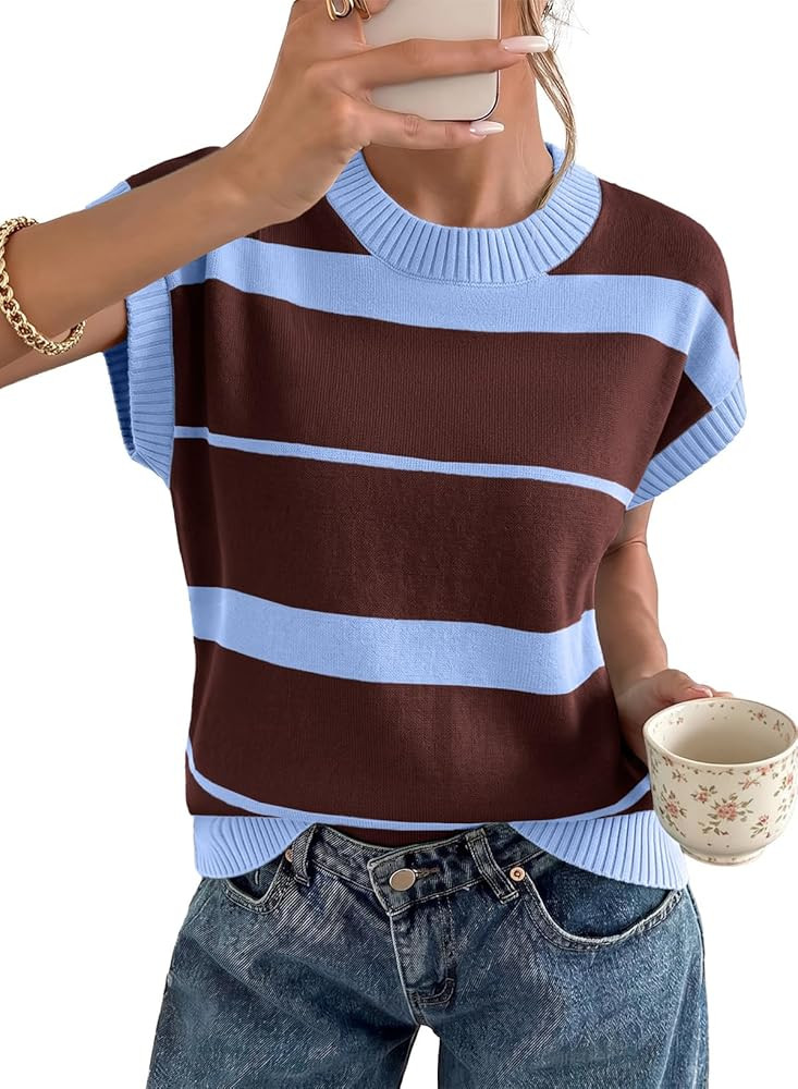 EVALESS Women's Striped Short Sleeve Knit Sweater Top | Amazon (US)