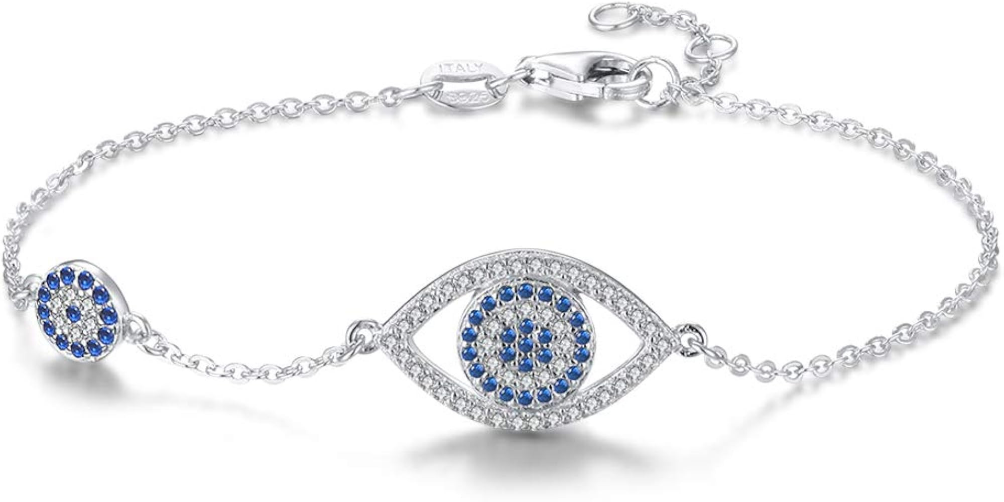 Kaletine Blue Evil Eyes Link Bracelet Sterling Silver 925 Cubic Zirconia Chain Adjustable 6.7" 7"... | Amazon (US)