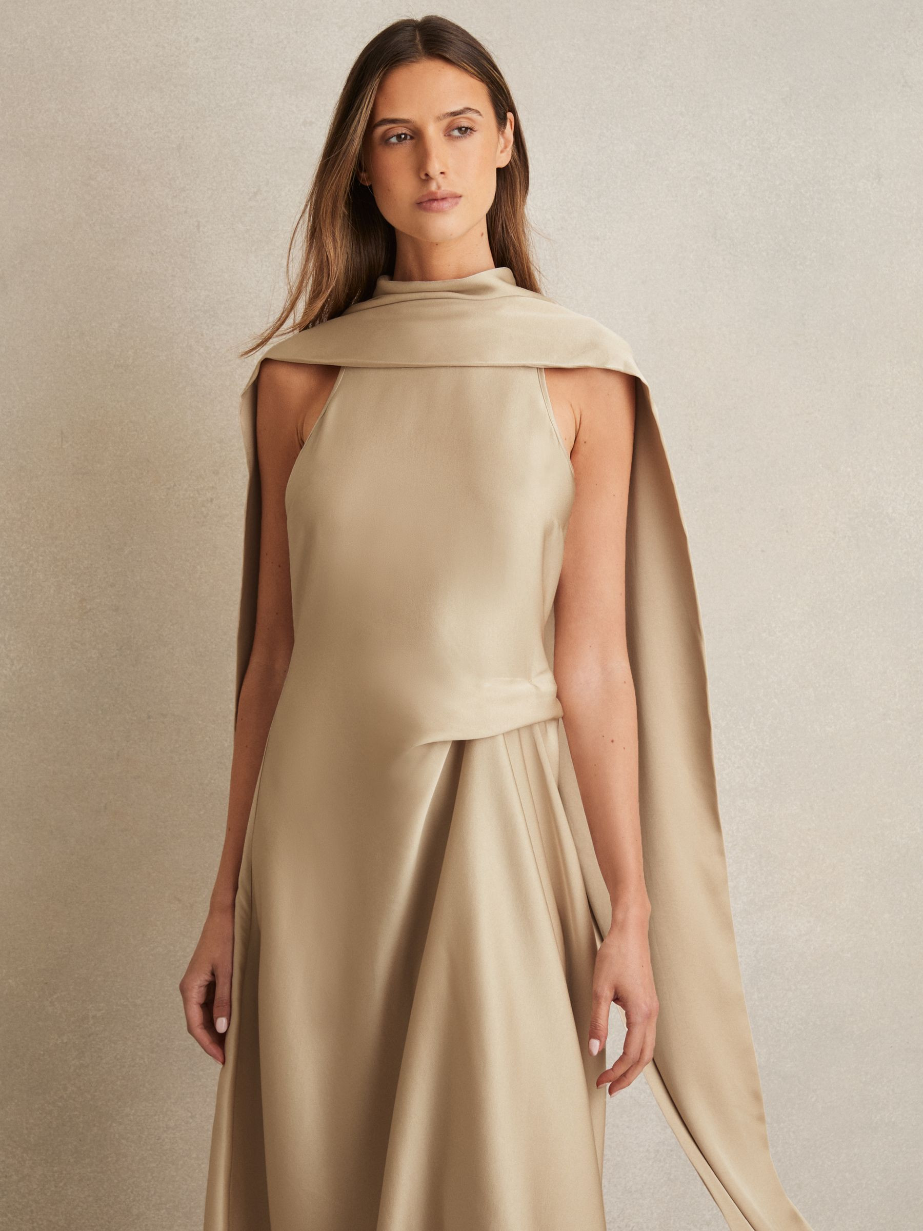 Reiss Satin Tuck-Detail Cape Midi Dress in Champagne Neutral | REISS | Reiss US