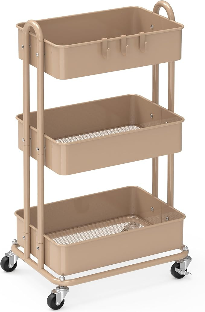 Simple Houseware 3-Tier Heavy Duty Metal Utility Rolling Cart, Khaki | Amazon (US)