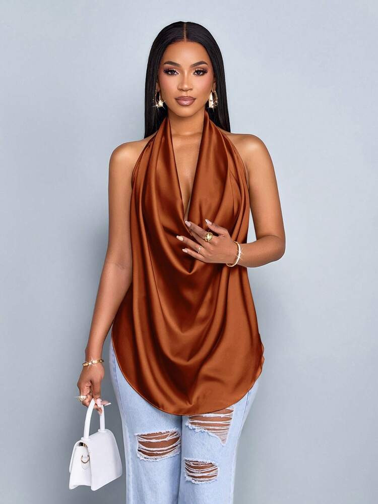 SOLERSUN Spring And Summer Women's Wear Leisure Vacation Apricot Glossy Fabric Deep V Neck Halter Straps Swing Neck Curved Hem Backless Straps Woven Fabric Vest | SHEIN