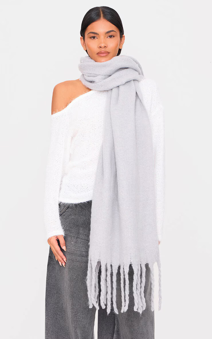 Grey Soft Blanket Tassel Scarf | PrettyLittleThing US