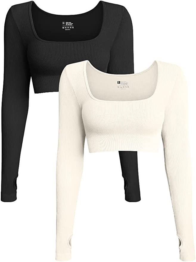 Amazon.com: OQQ Women's 2 Piece Crop Top Ribbed Seamless Workout Exercise Long Sleeve Crop Tops B... | Amazon (US)