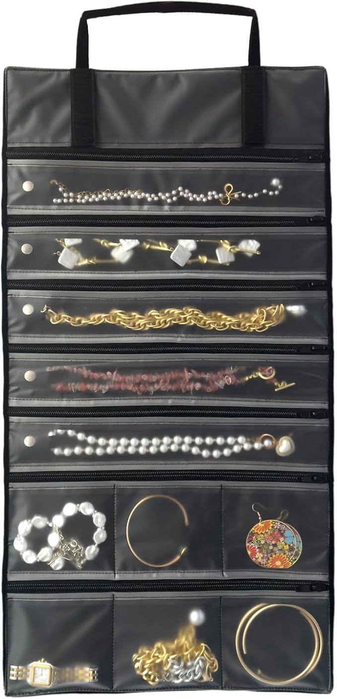 Velvet Travel Jewelry Case Roll Bag Organizer for Necklace Bracelet Earrings Ring, 11 Zipped Grid... | Amazon (US)