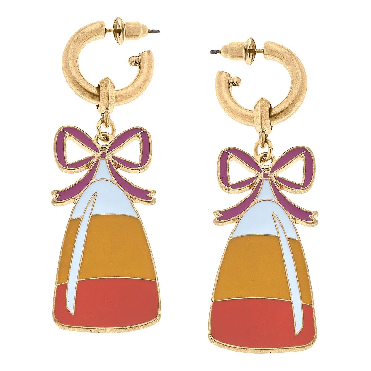 Halloween Candy Corn Enamel Earrings in Orange, White & Pink | CANVAS